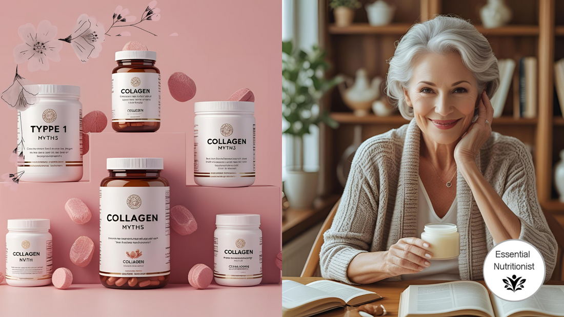Graphic debunking three collagen myths — differences between Types I, II, III, how collagen is absorbed, and realistic results over time