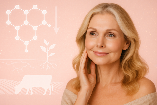 Visual showing collagen loss in women over 50, with signs like wrinkles, joint stiffness, and ways to restore skin and joint health through nutrition